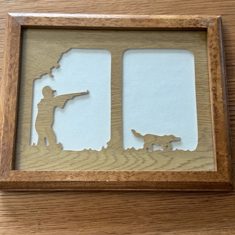 Vintage Rustic Wood Hunting Picture Frame Hunter and Dog Silhouette 7.5x9.5